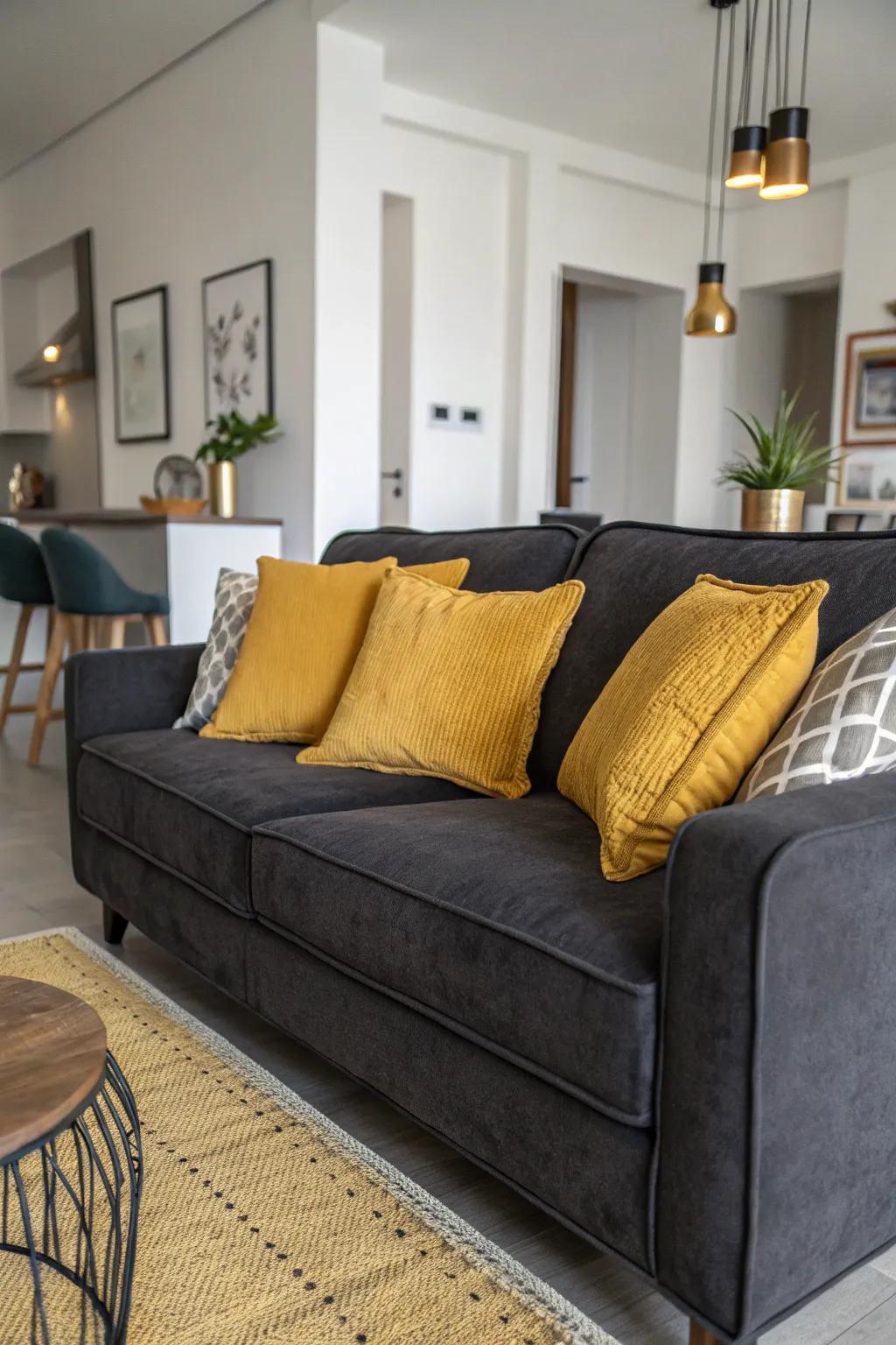 Saffron yellow pillows bring a comforting and inviting charm to this dark grey sofa.