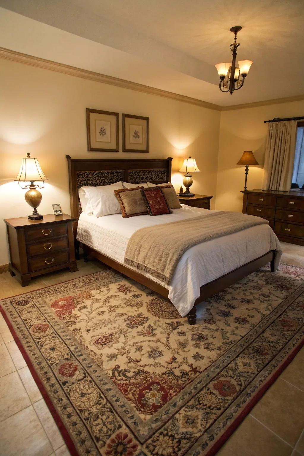 An 8x10 rug extends gracefully around a queen bed, delivering a balanced, timeless aesthetic.