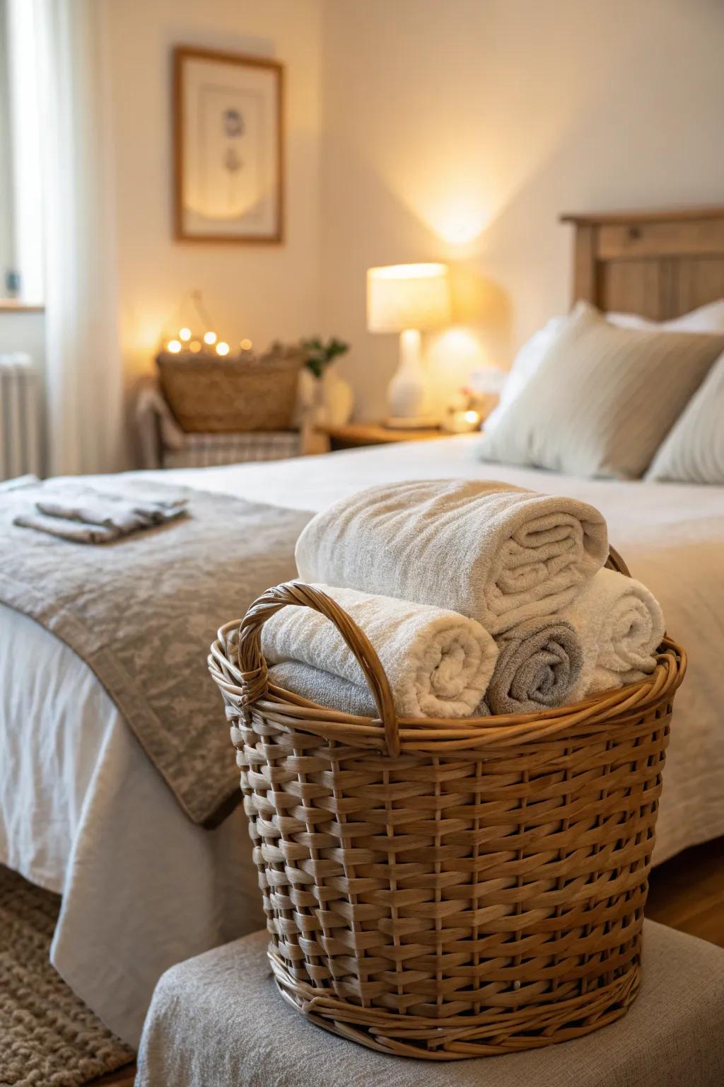 A sizable basket by the bed’s end is just what you need for keeping extra blankets.