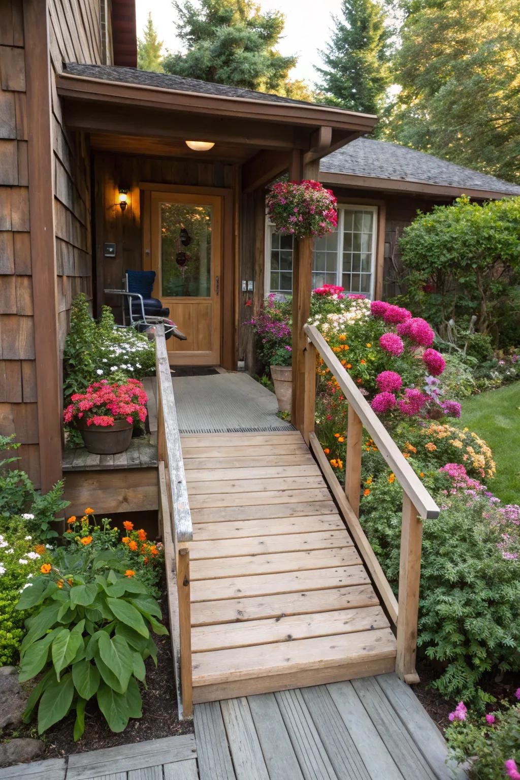 A wooden ramp that enhances the warmth and natural charm of a rustic home.