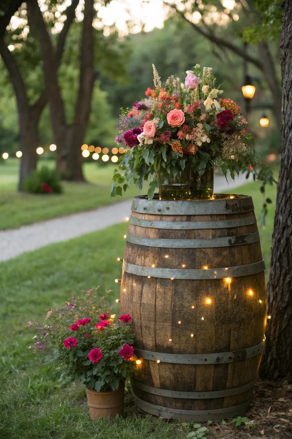 A classic repurposed cask planter enhanced with sparkle lights, creating a magical effect.