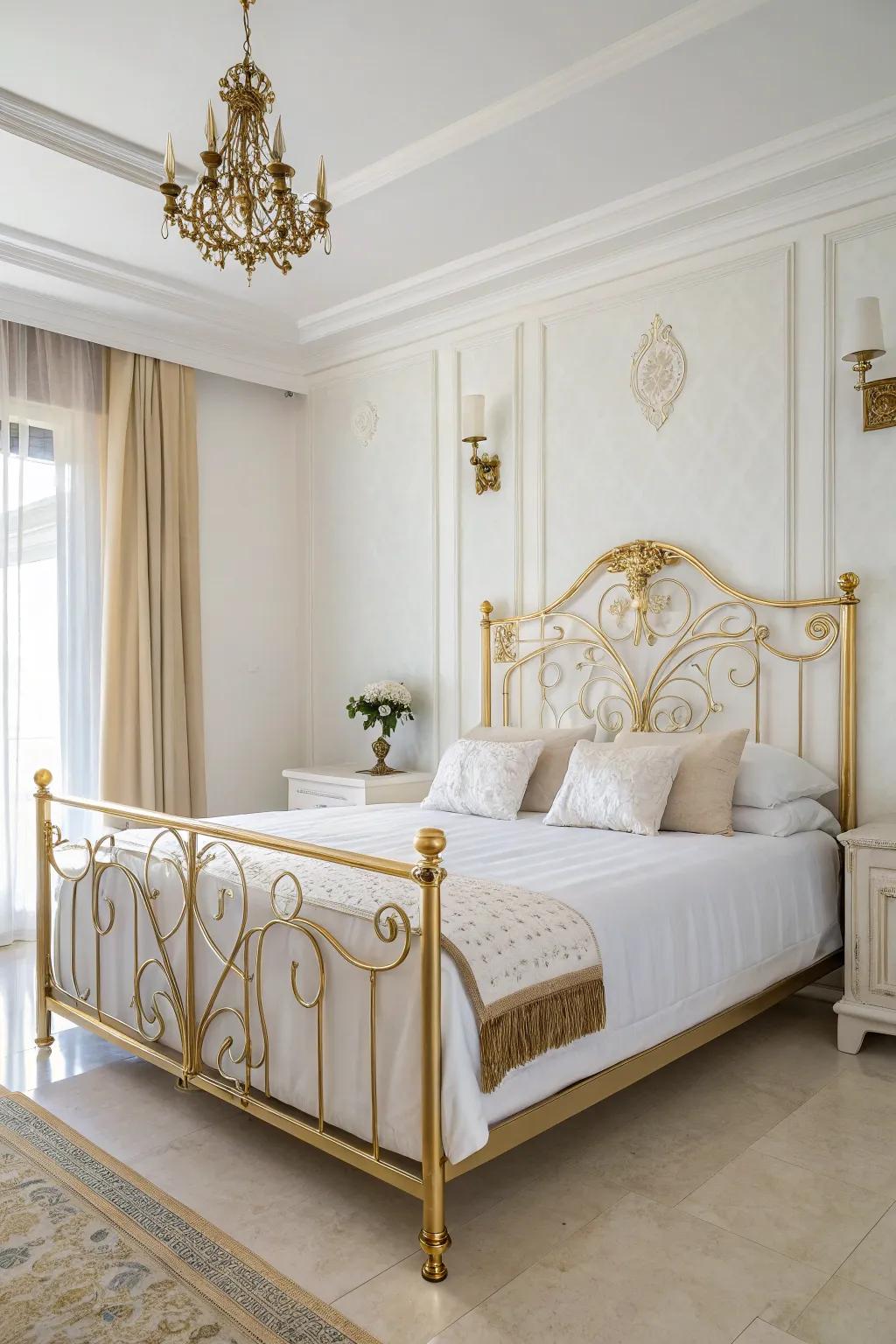 A classic white and gold bedroom offers timeless elegance.