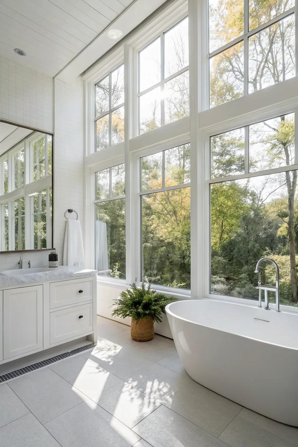 Natural illumination amplifies the pristine design and radiant ambiance of this white bathroom.