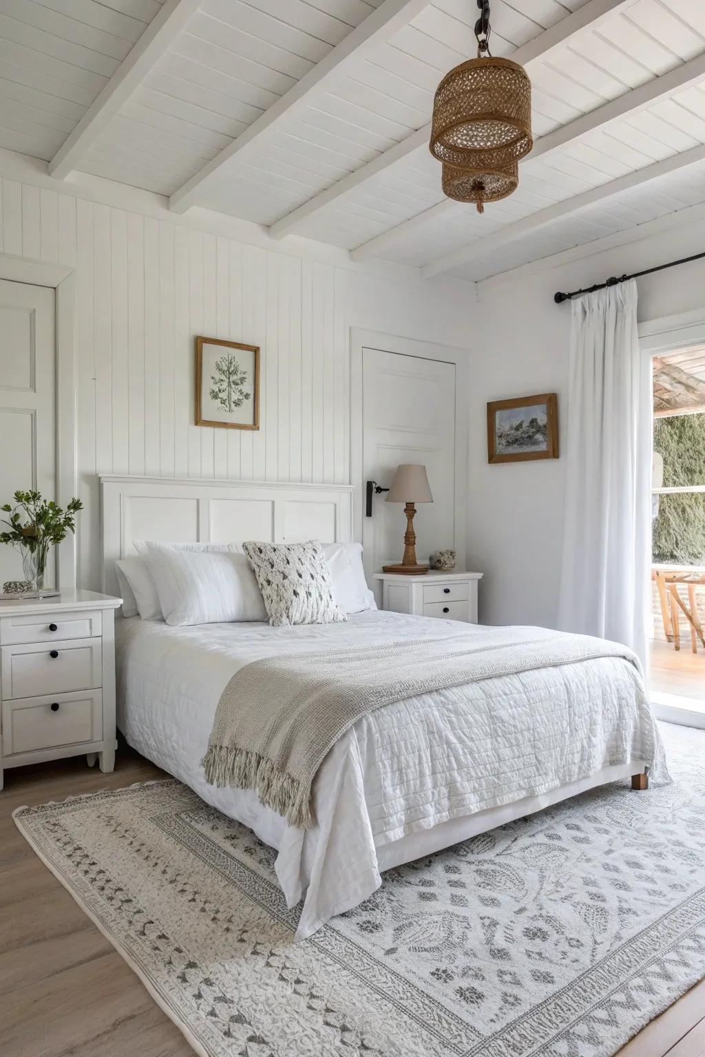 A single-color approach in a white bedroom amplifies light and space.