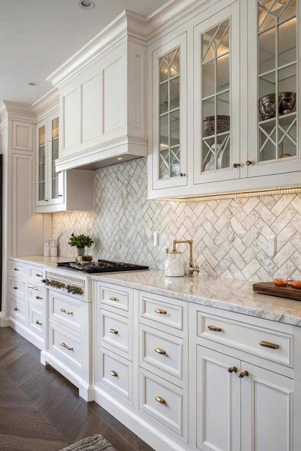 Herringbone marble backsplash enhancing sophistication against white cabinetry.
