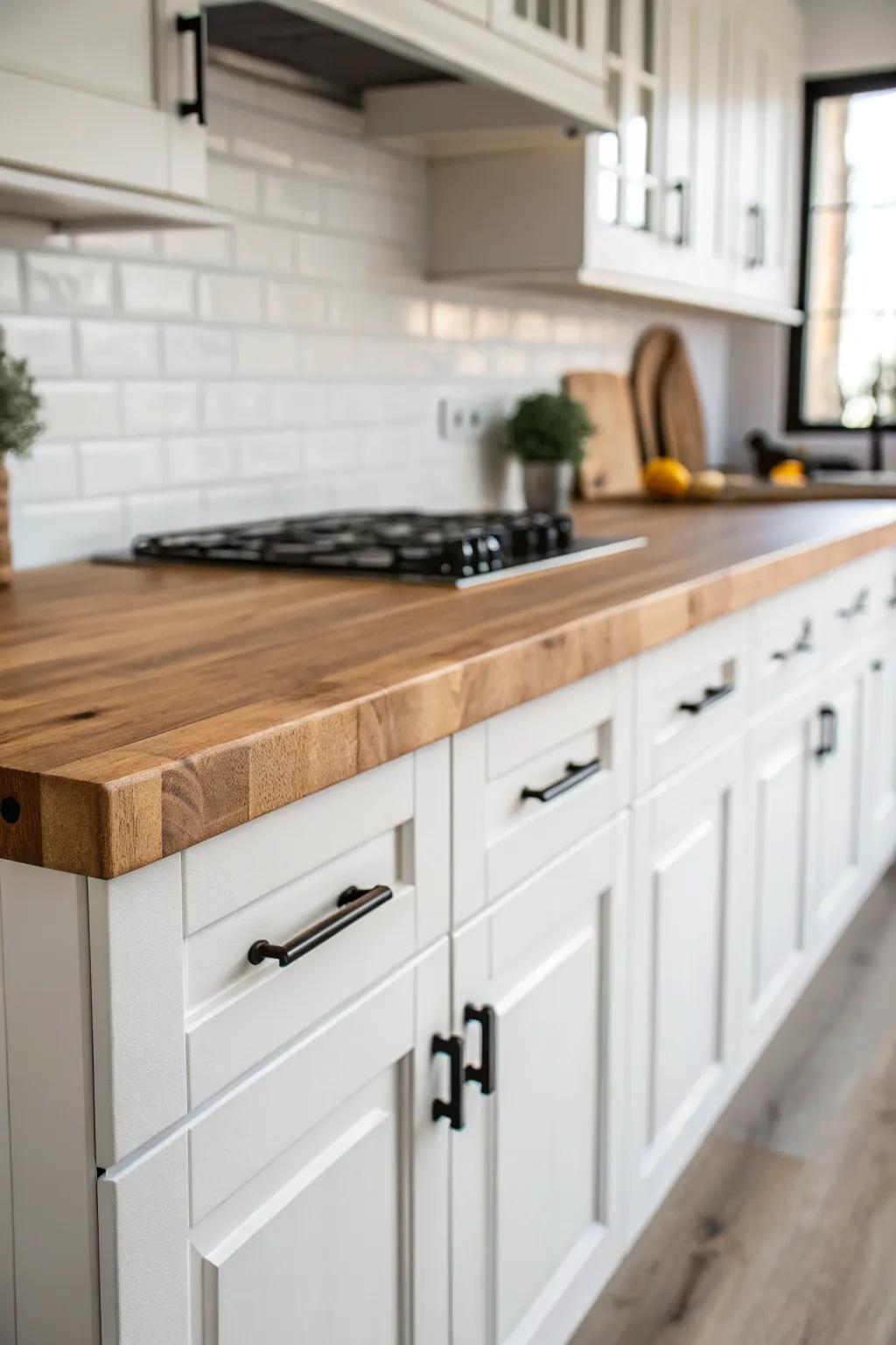 Amazing contrast created by the crisp white cabinets against a warm wooden countertop.