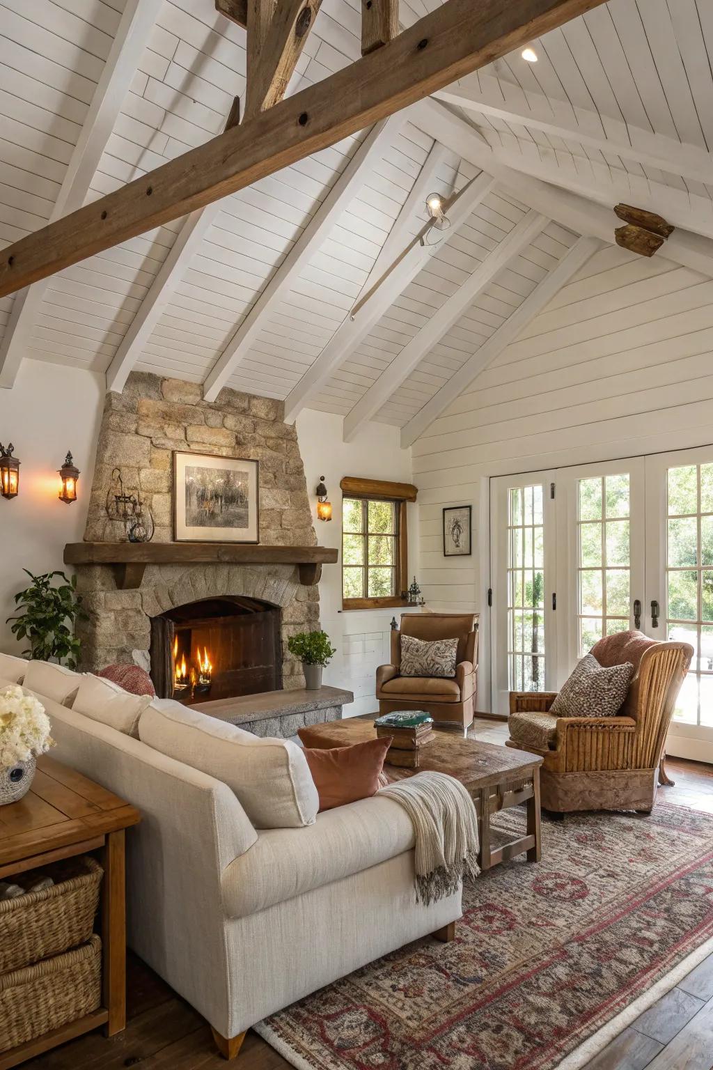 A rustic living room featuring a white ceiling with exposed beams, creating a charming and inviting atmosphere.