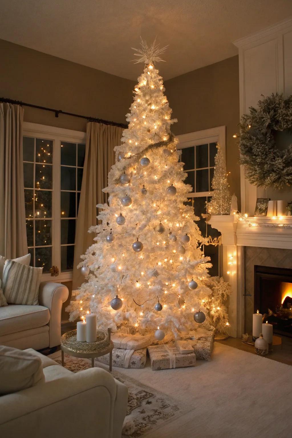 A white Christmas tree is the centerpiece of holiday magic.