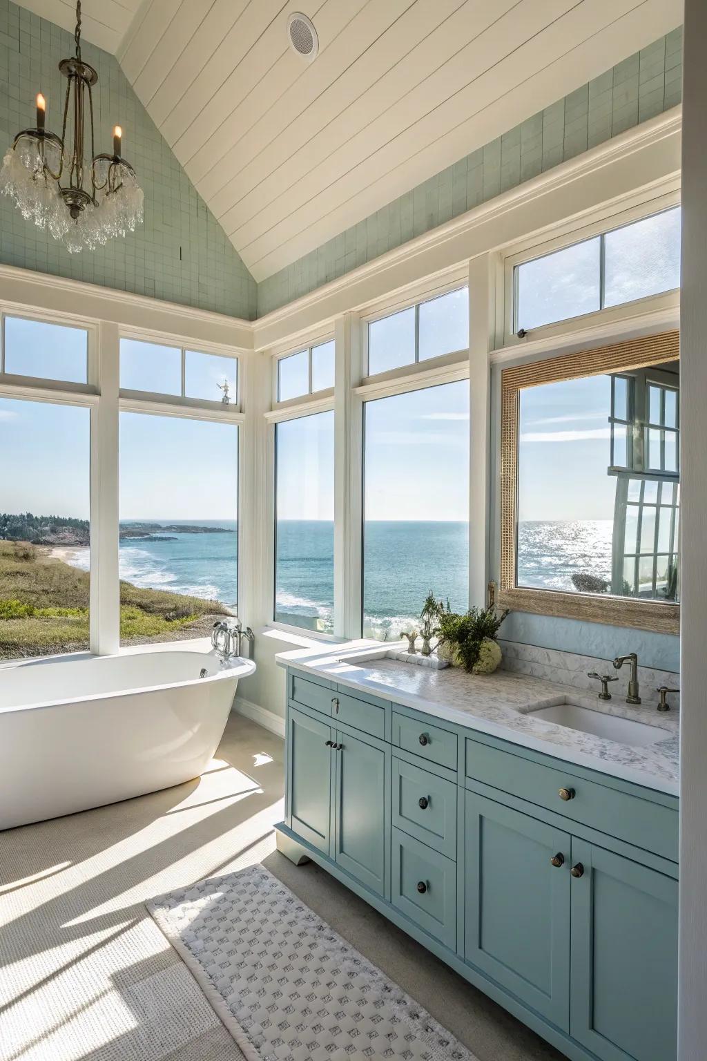 Sunlight cascades into this coastal bathroom, creating an open, breezy environment.