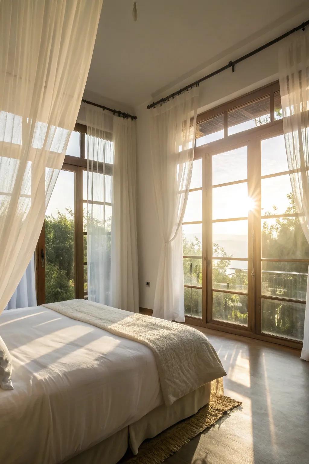 Sheer white curtains allow sunlight to flood the room, creating a bright and airy feel.