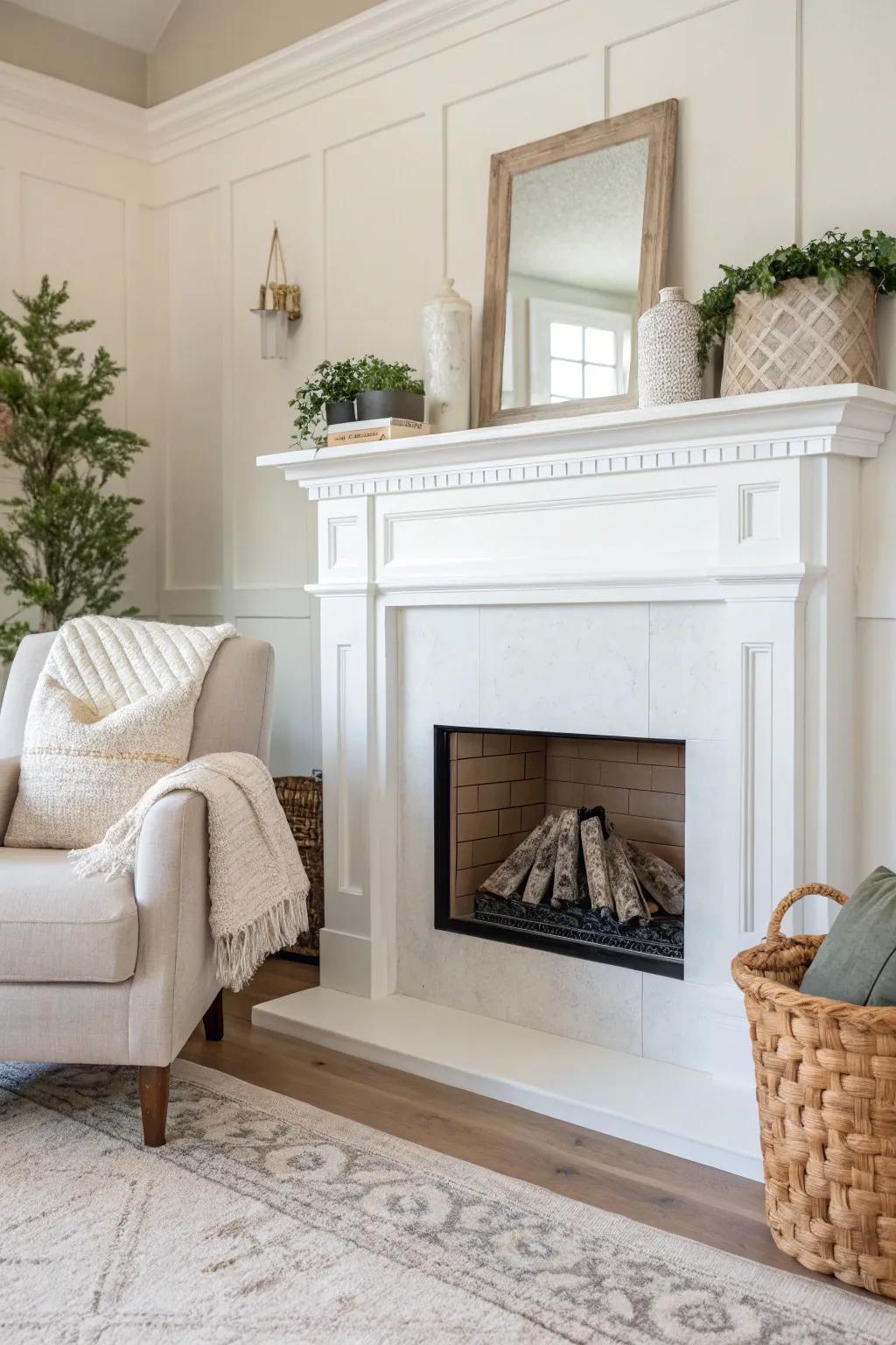 A simple and elegant white fireplace that embodies minimalist design principles.