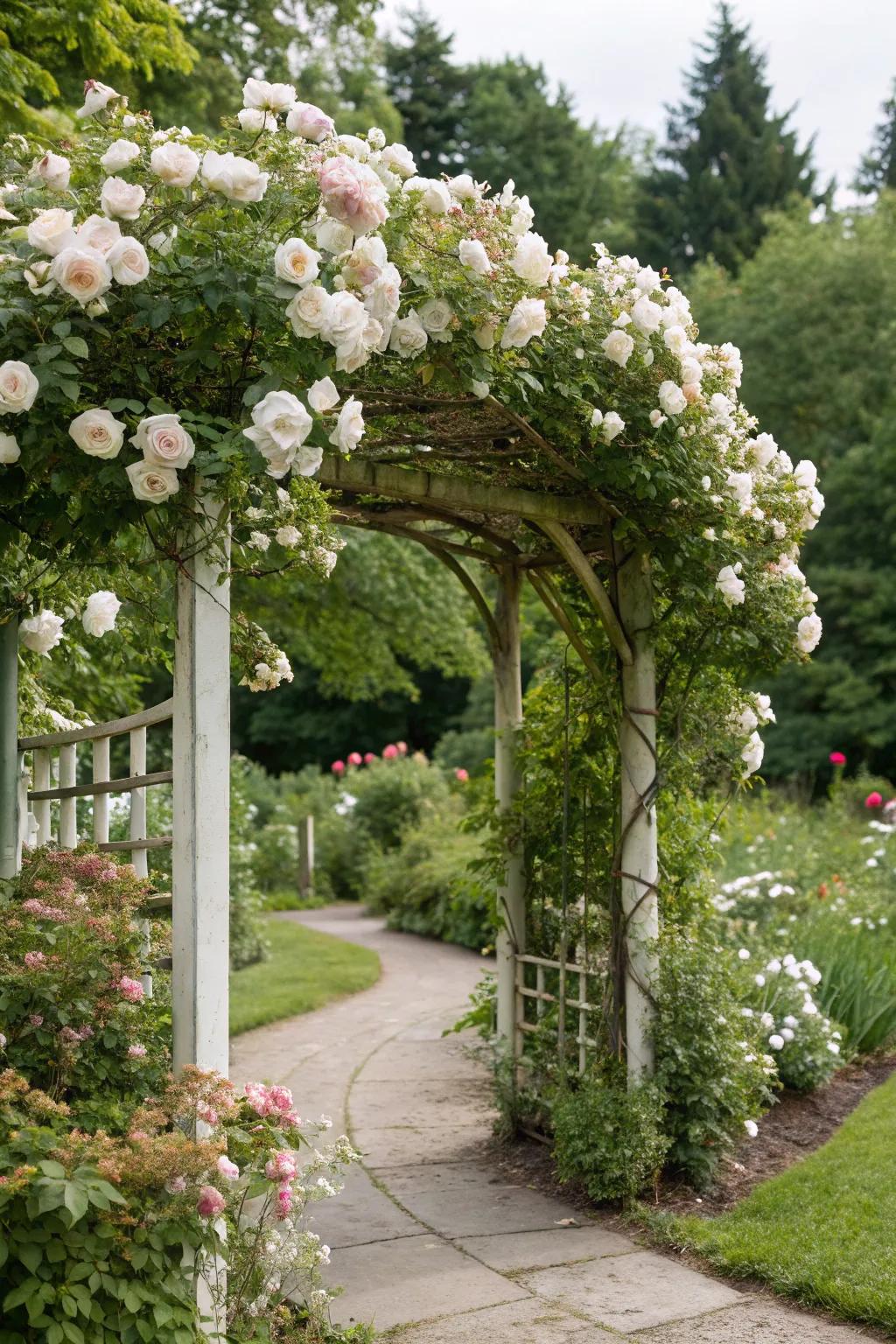 A white rose arbor serves as a captivating focal point in the garden.