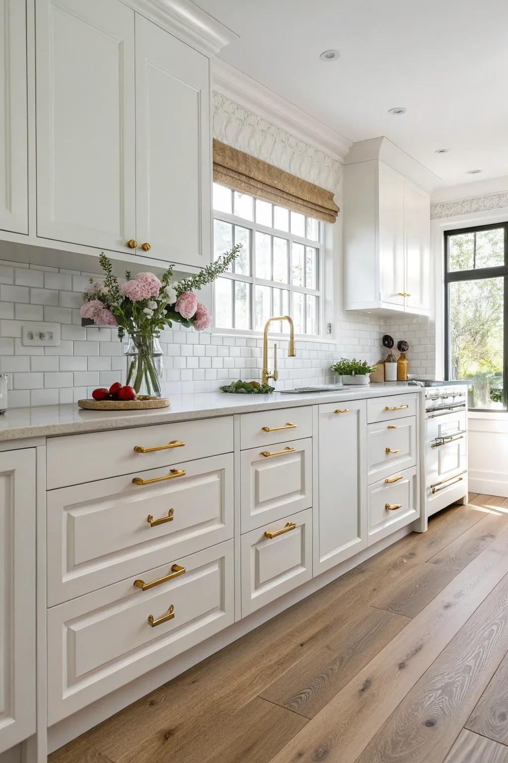 Refined brass handles enhancing the inviting atmosphere of a white kitchen.