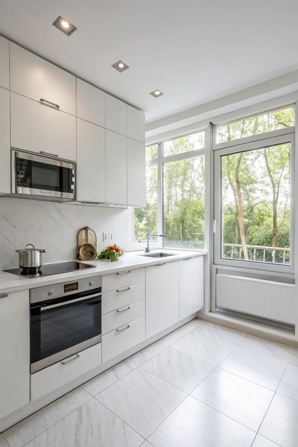 The modern minimalism style, defined by sleek white cabinets, results in an open and tidy kitchen.