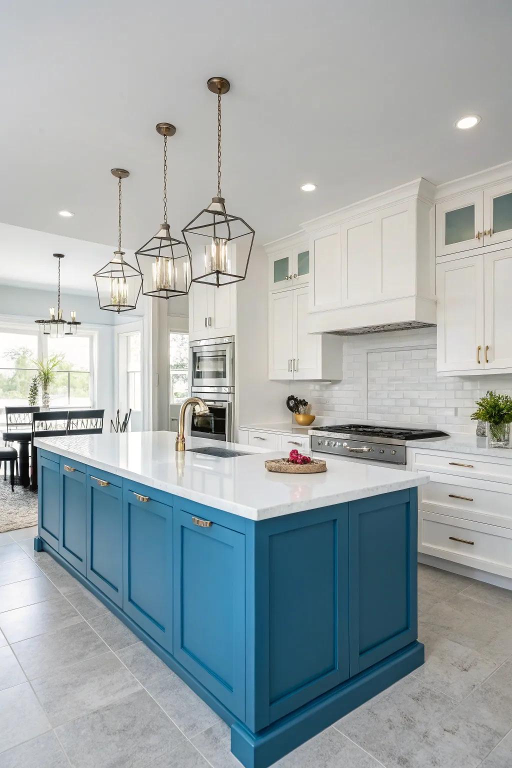 A lively cerulean island injects a burst of color into a white kitchen, instantly becoming the room's focal point.