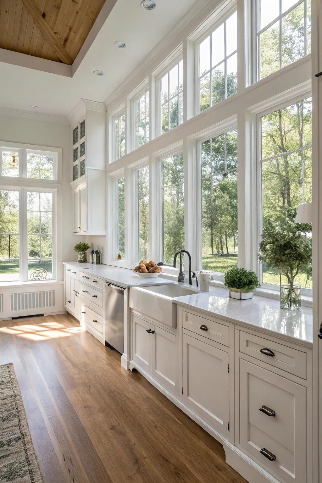 A white, open-concept kitchen bathed in natural light.