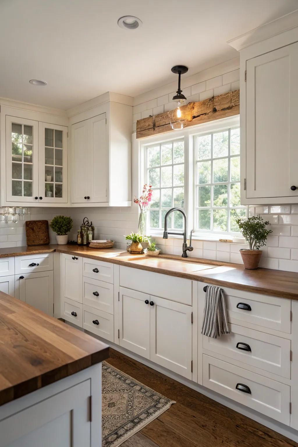 Timeless white minimalist cupboards impart a classic atmosphere to this kitchen.