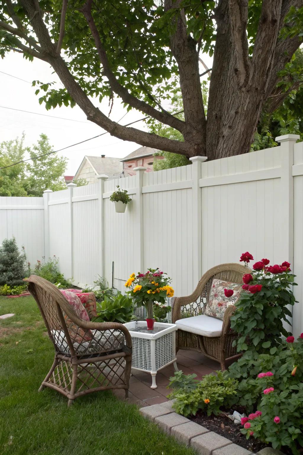 A full white enclosure fence establishes a secluded corner in the backyard, perfect for unwinding.