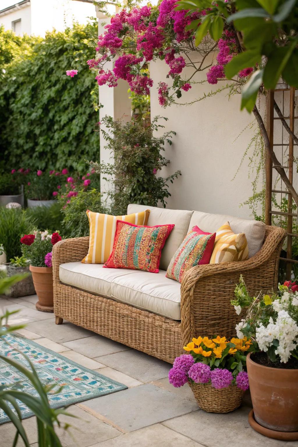 An attractive open-air lounge showcasing lively wicker furniture.