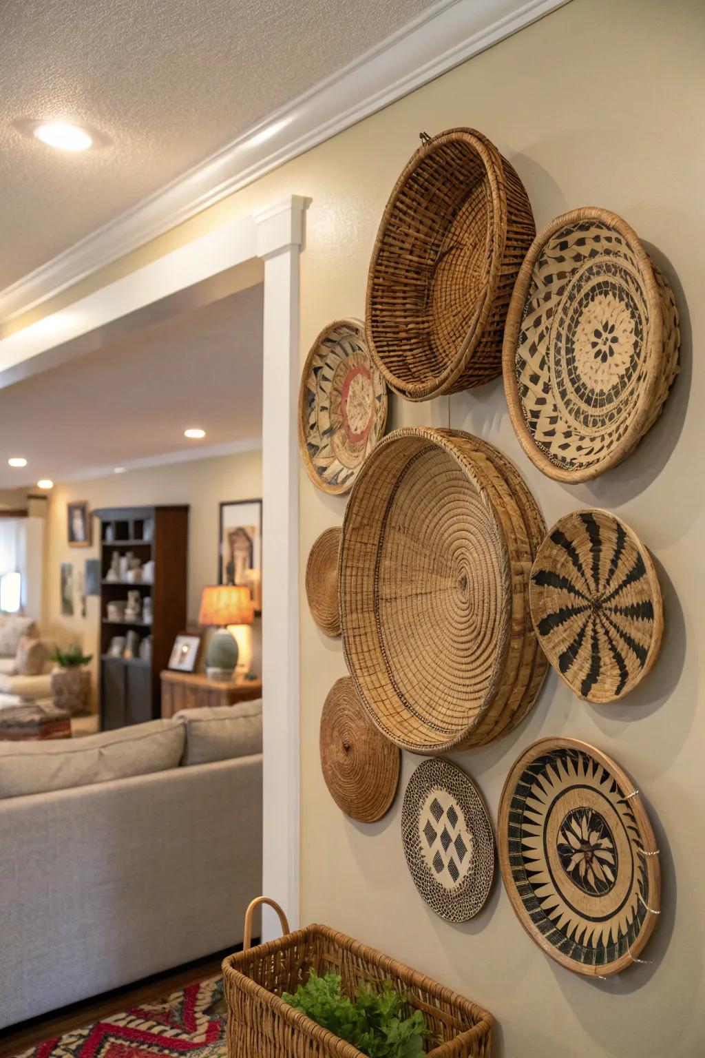 Craft an eye-catching centerpiece using wicker basket wall art.