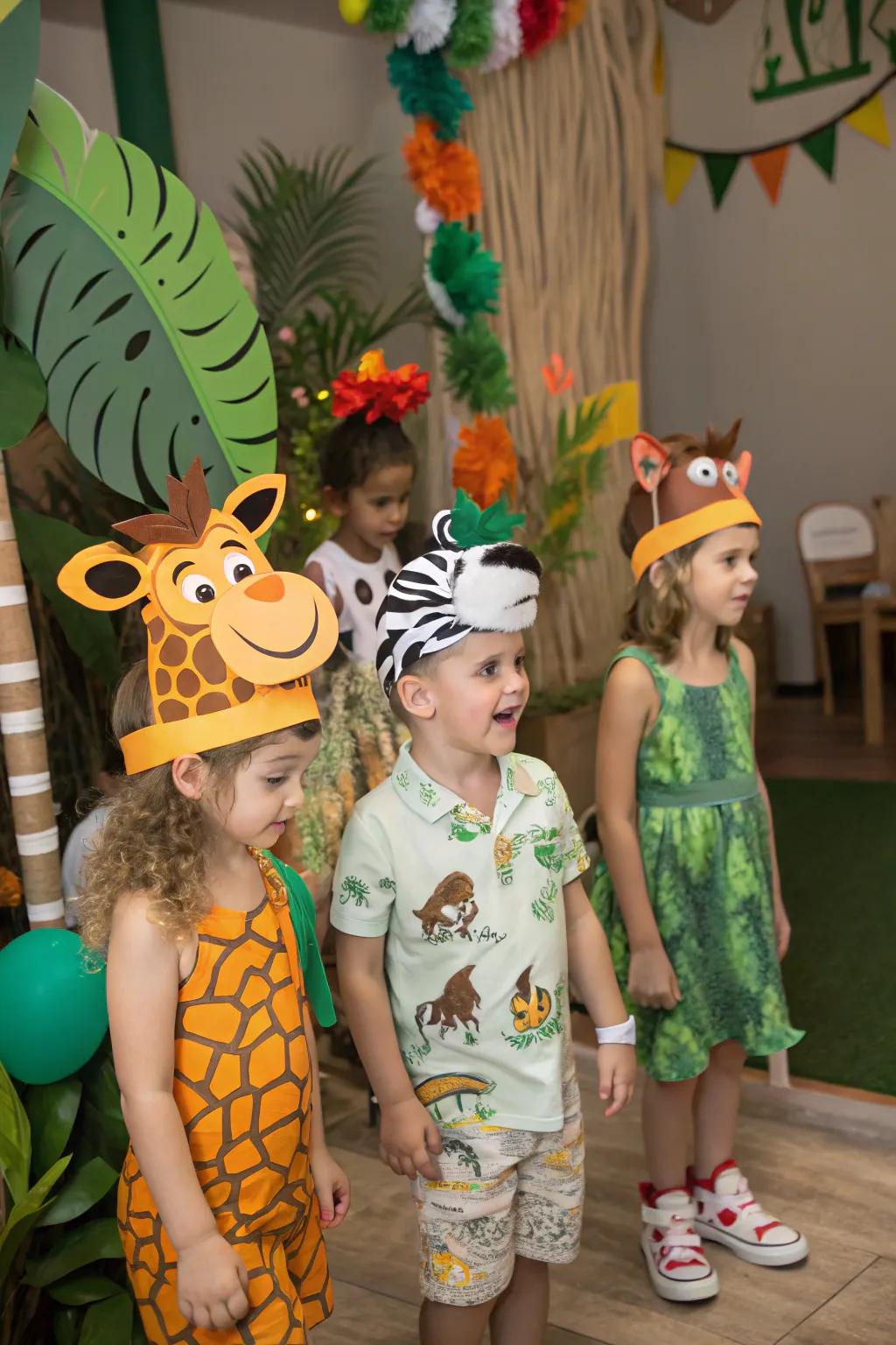 Children turning into wild animals with amusing safari headbands.