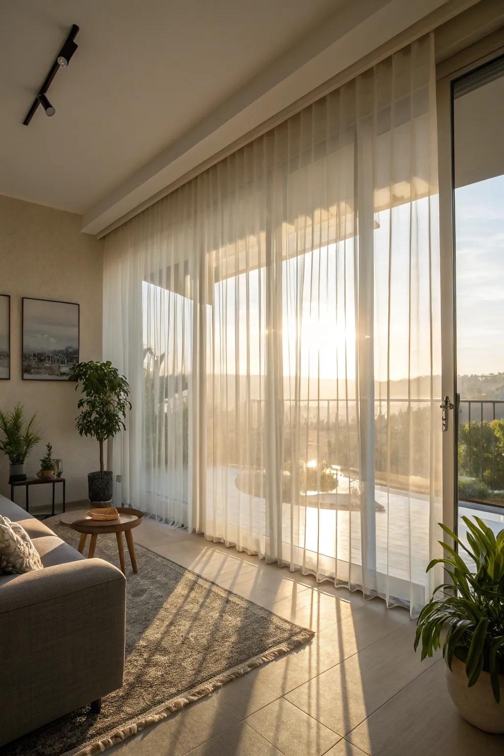 Sheer vertical shades lend a subtle, graceful touch.