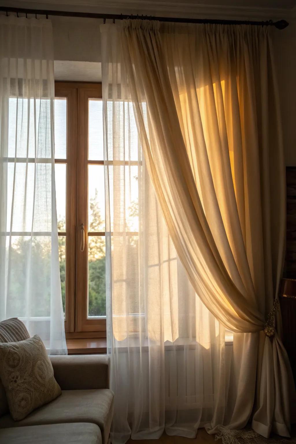 Layered curtains create depth and control light in this cozy living room.