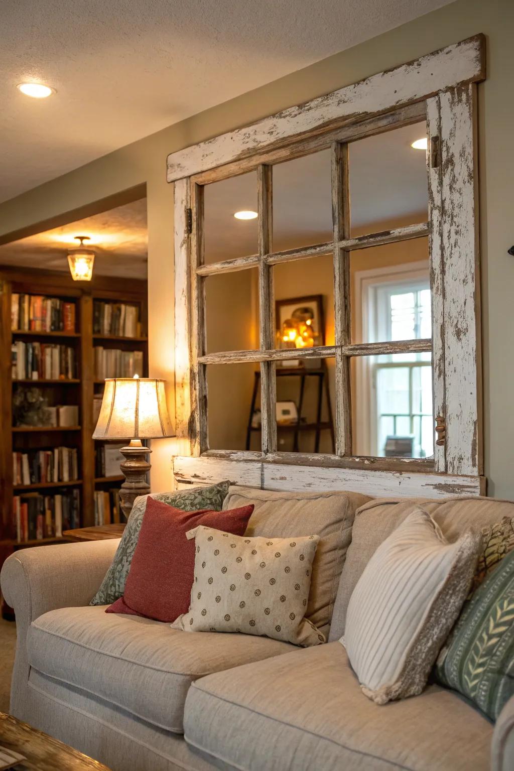 Vintage window frames bring rustic charm to any room.