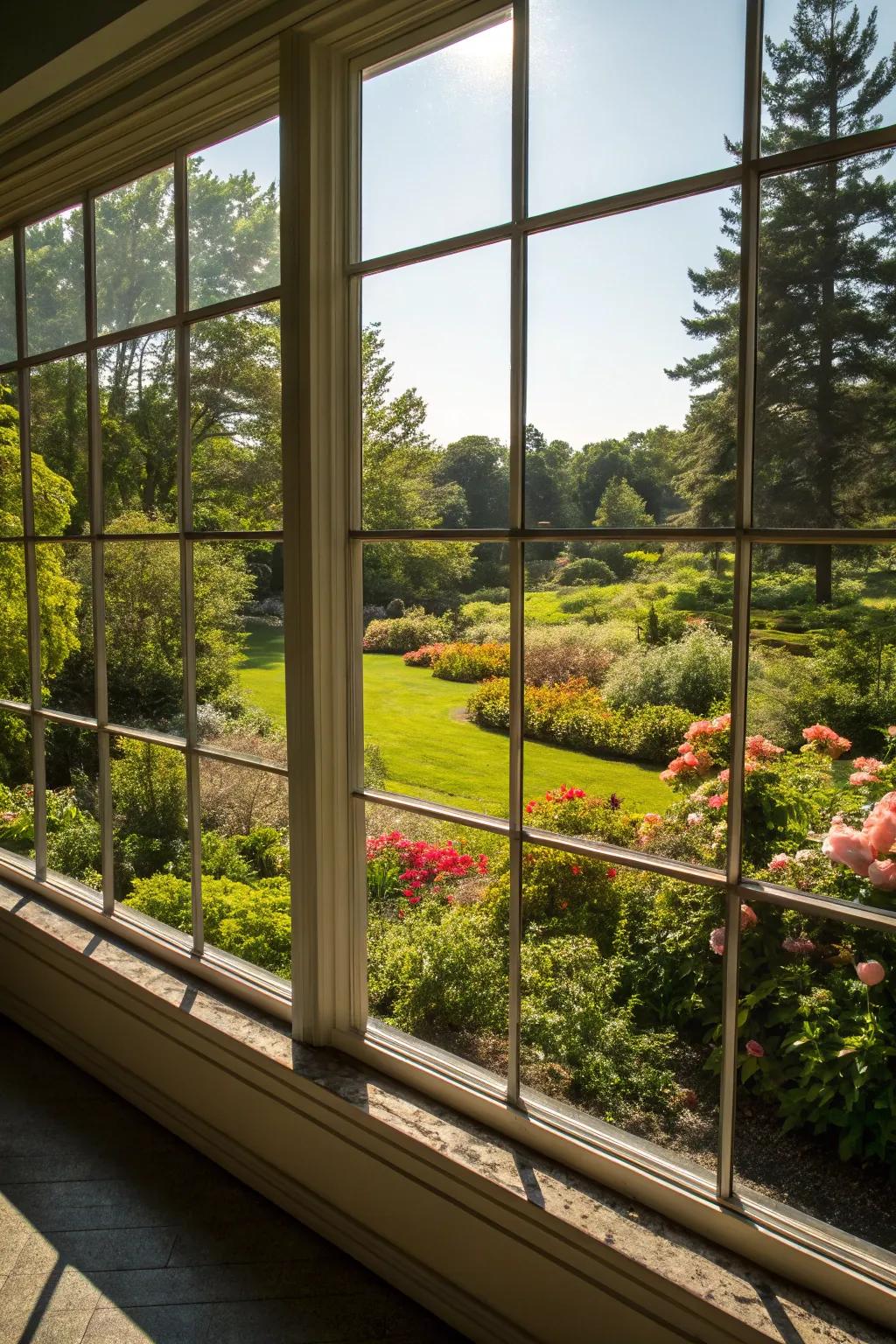 A large window offering a stunning panoramic view of a lush garden.