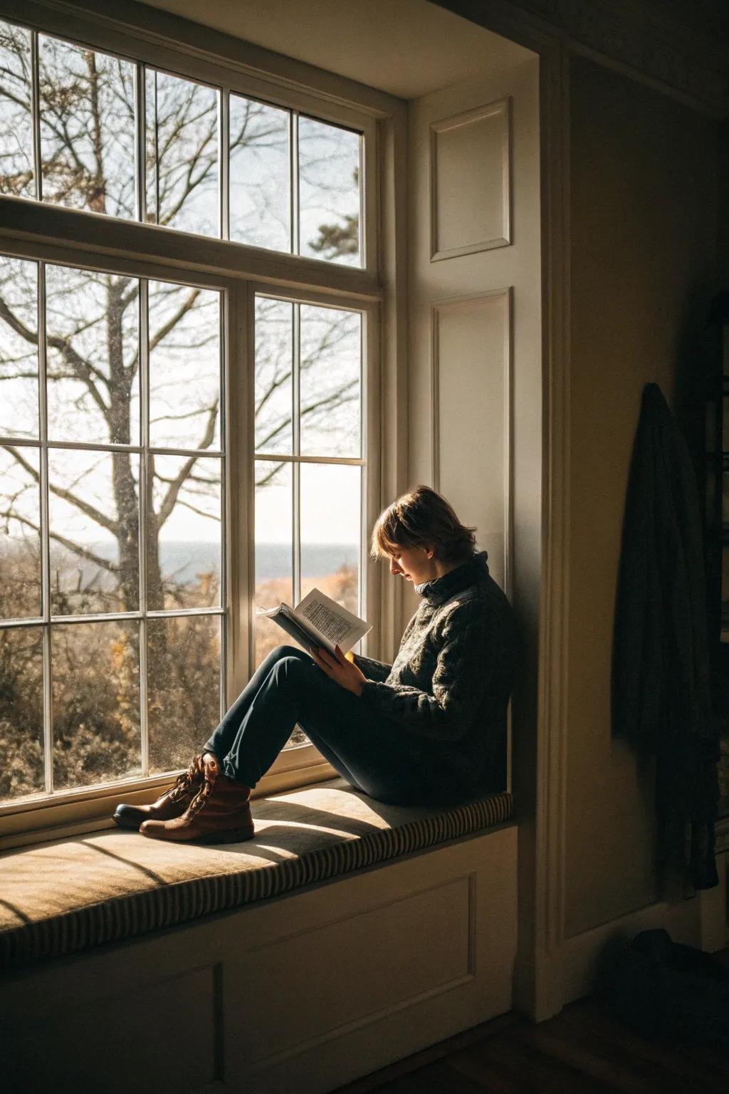 A window seat brightened by natural light, perfect for reading.