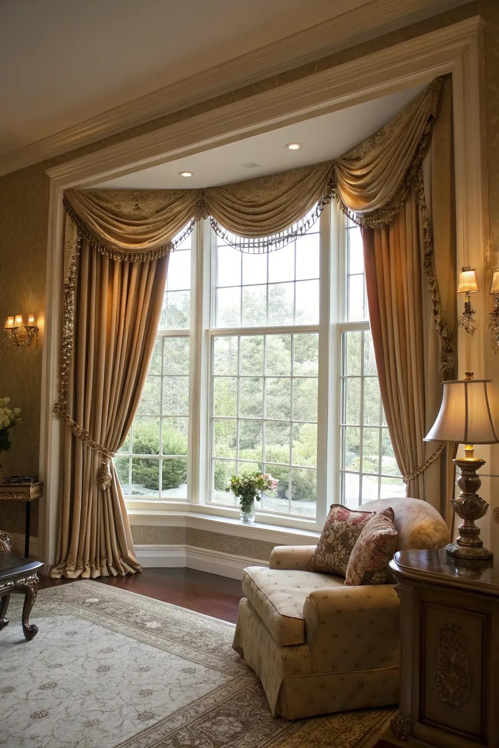 Floor-length drapes bring a touch of dramatic elegance to bay windows.