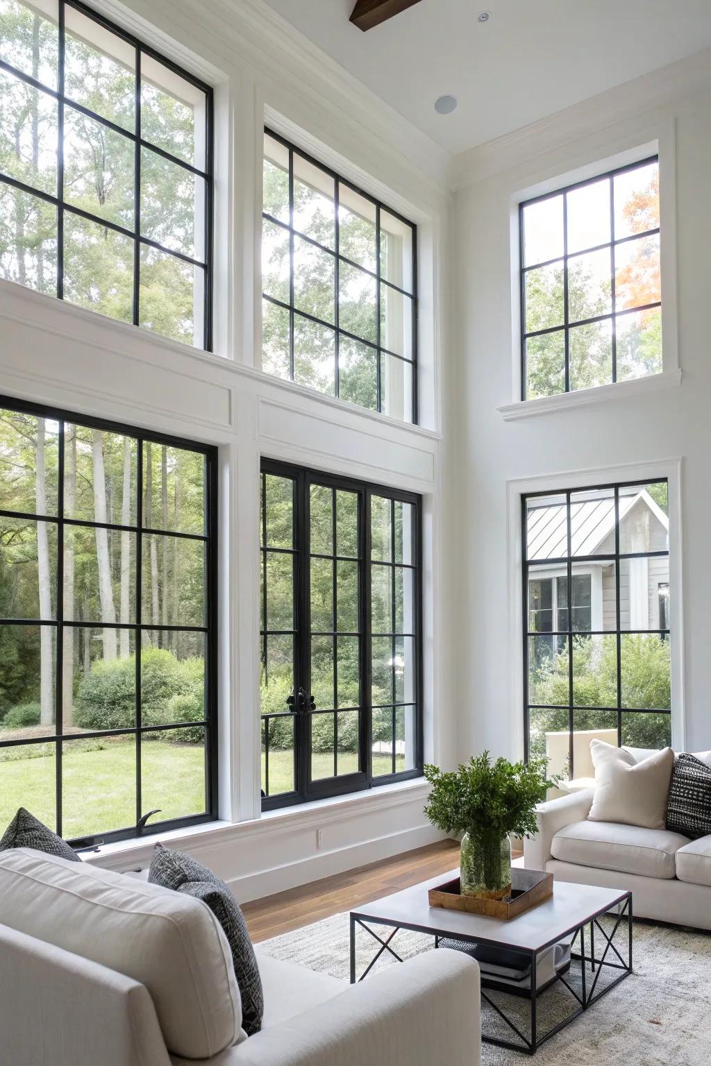 Midnight window frames infuse a bright living area with modern flair.