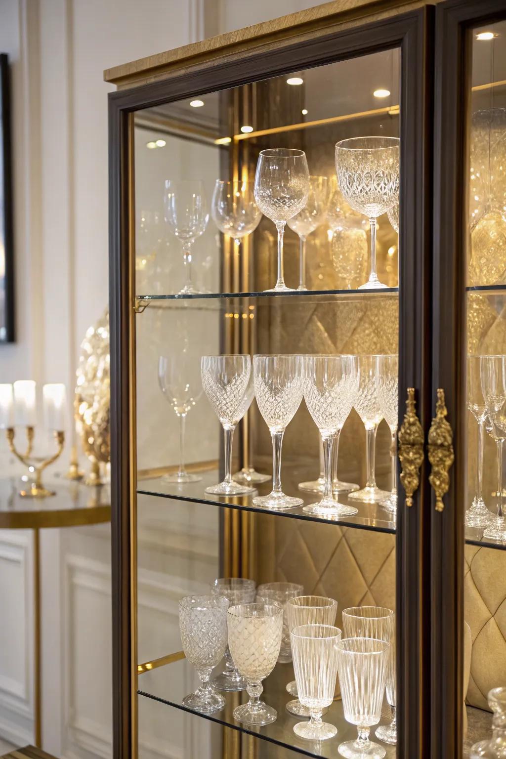 An elegant glass cabinet showcasing a variety of wine glasses.