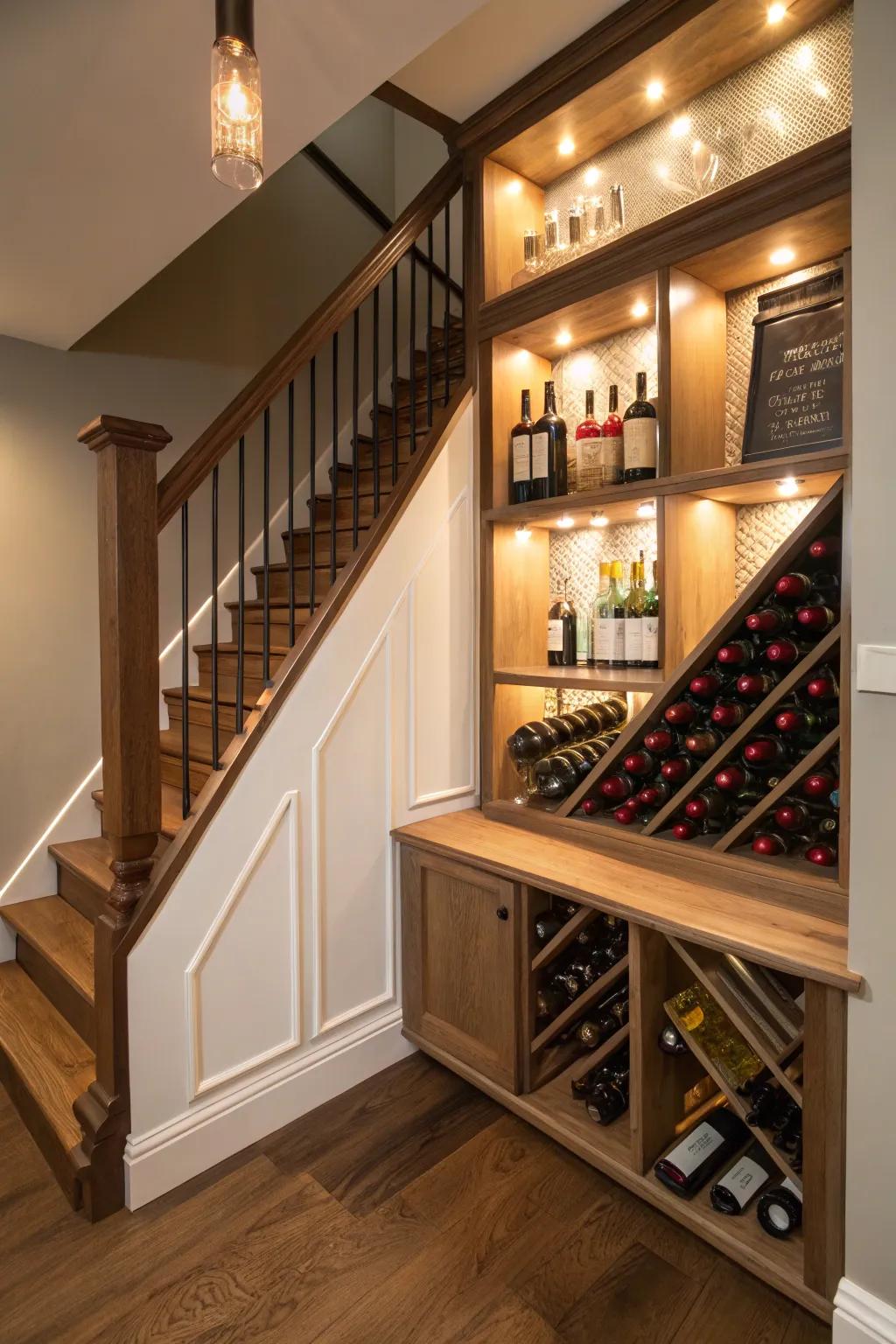An under-stairs space wonderfully transformed into a cozy wine nook.