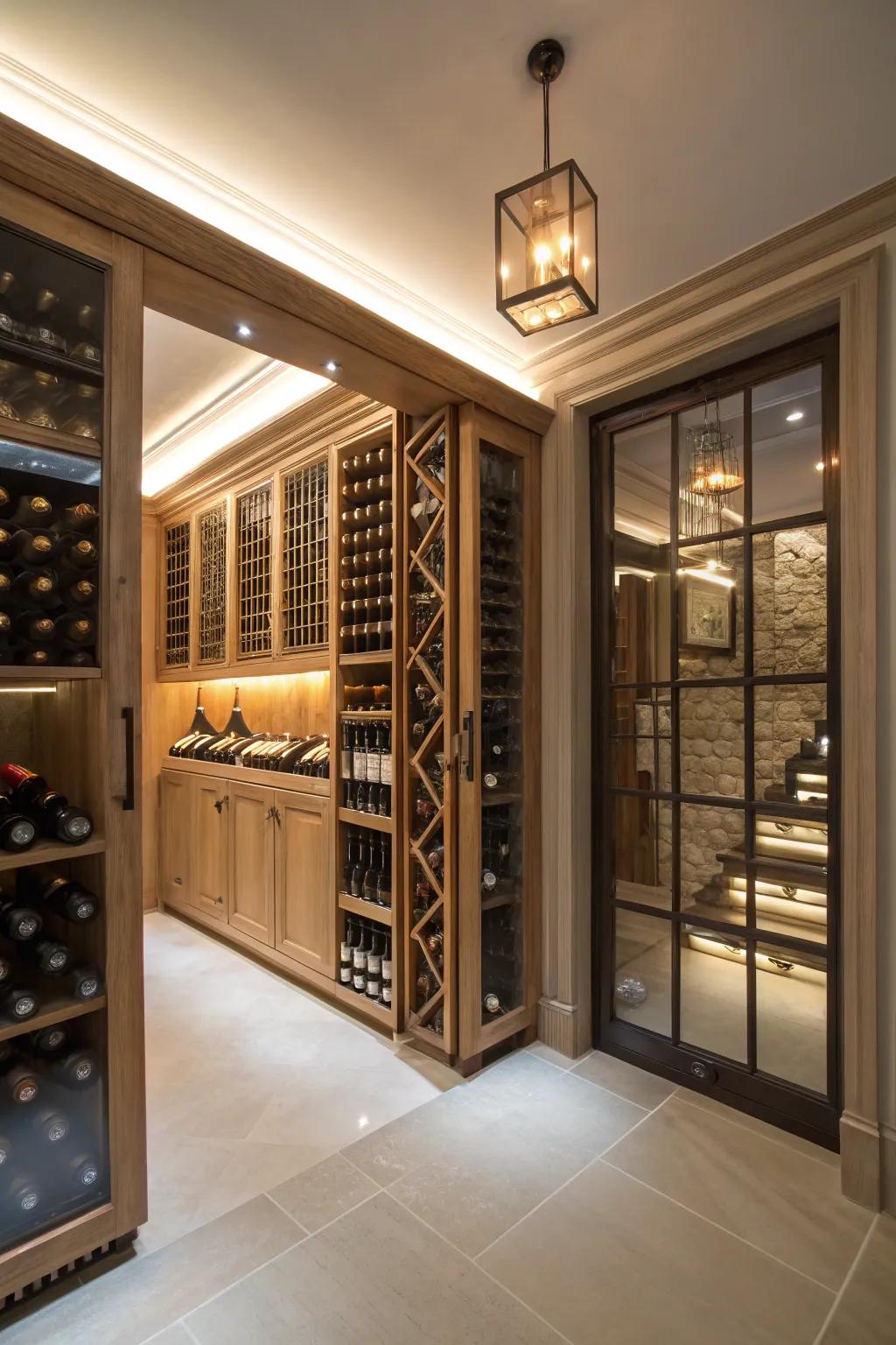 Gentle LED lights crafting an inviting setting in the wine room.