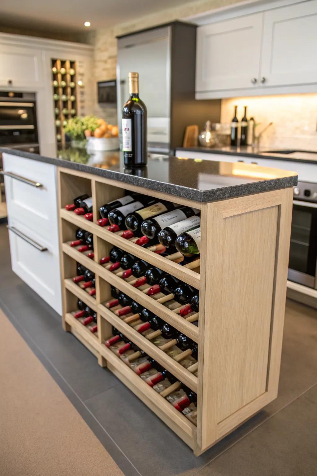 A kitchen island with built-in wine racks adds both style and function.