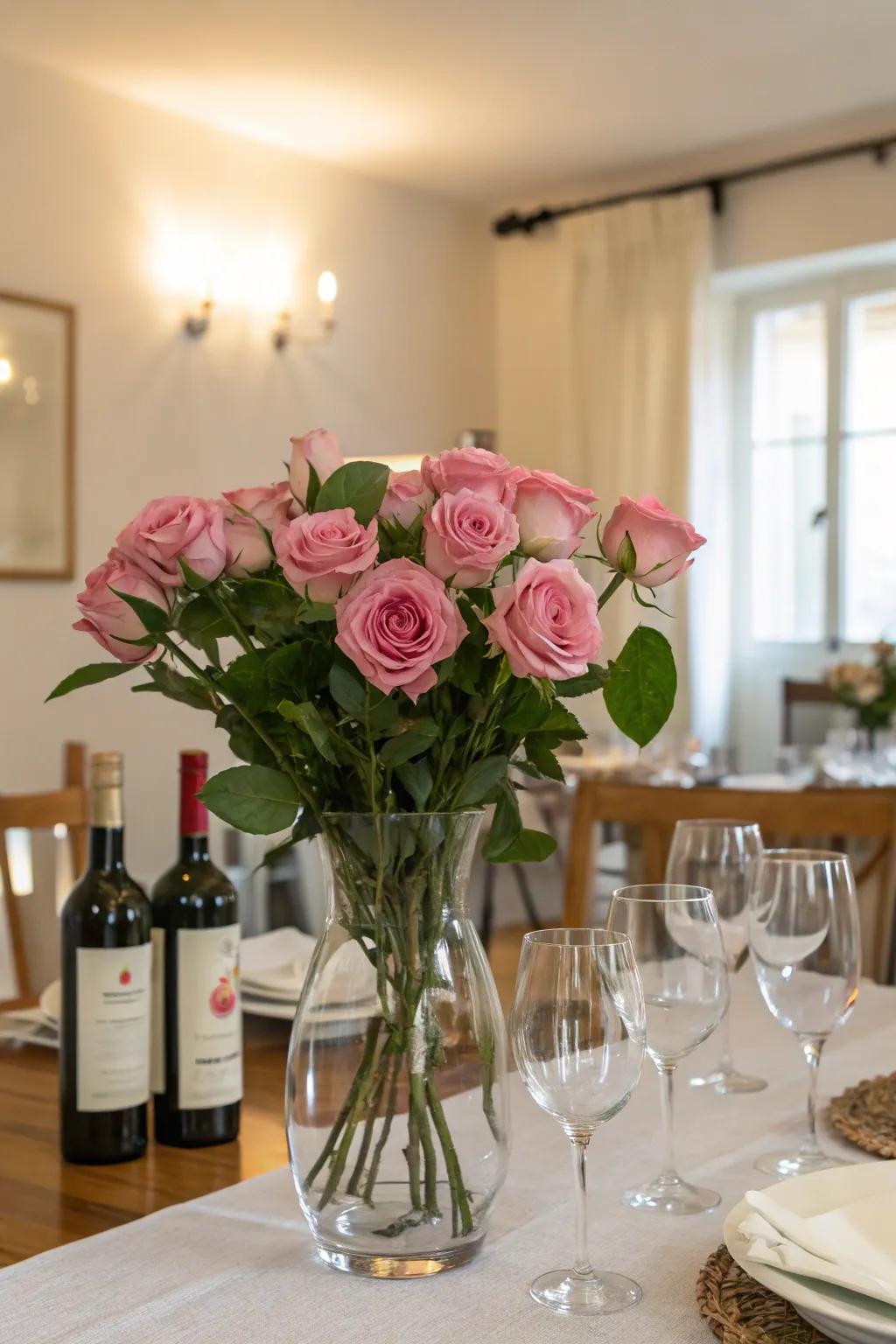 Floral arrangements add a touch of elegance to wine tables.