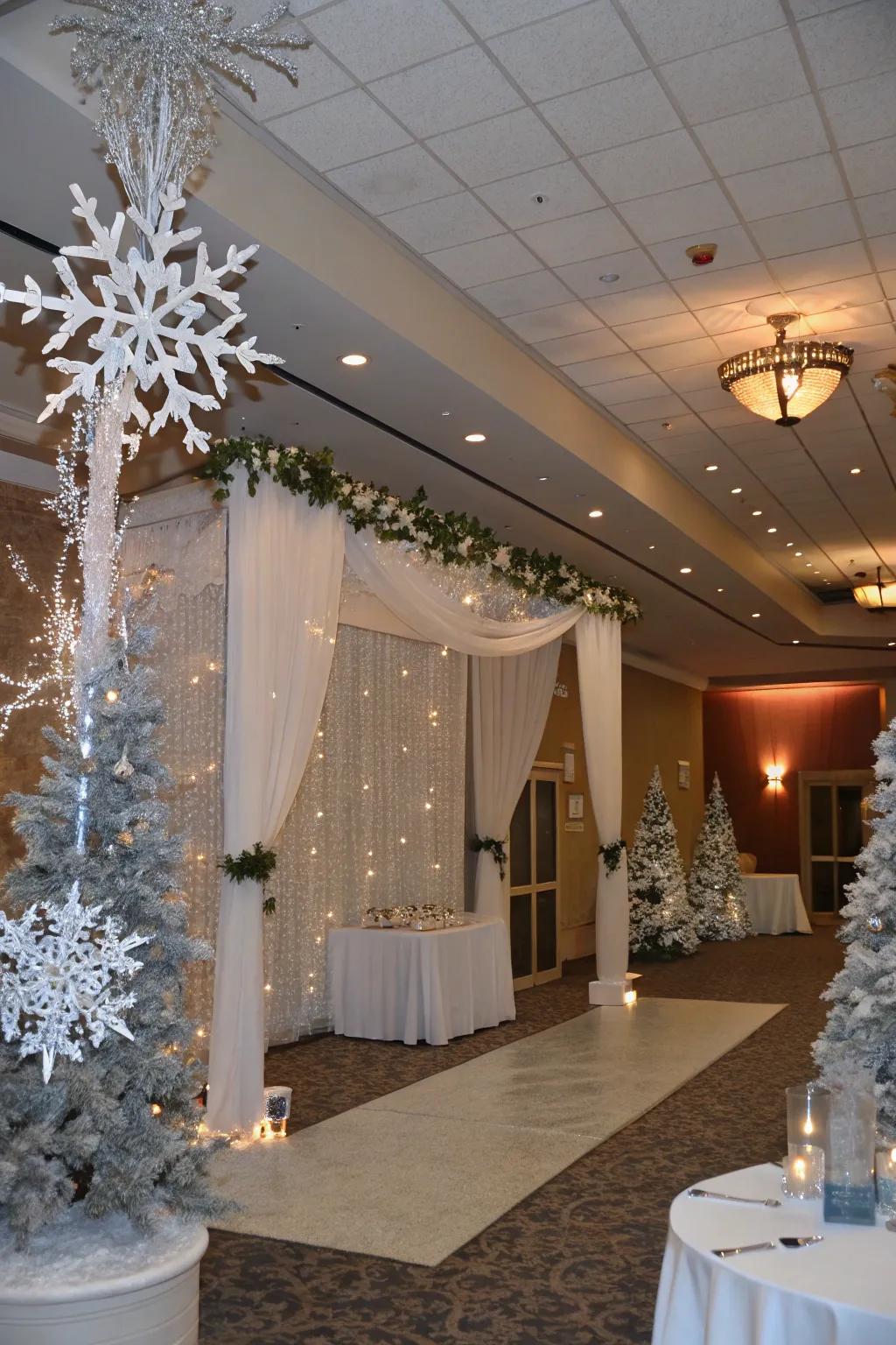 A peaceful frosted fairyland baby shower look with icicle ornaments and silver details.