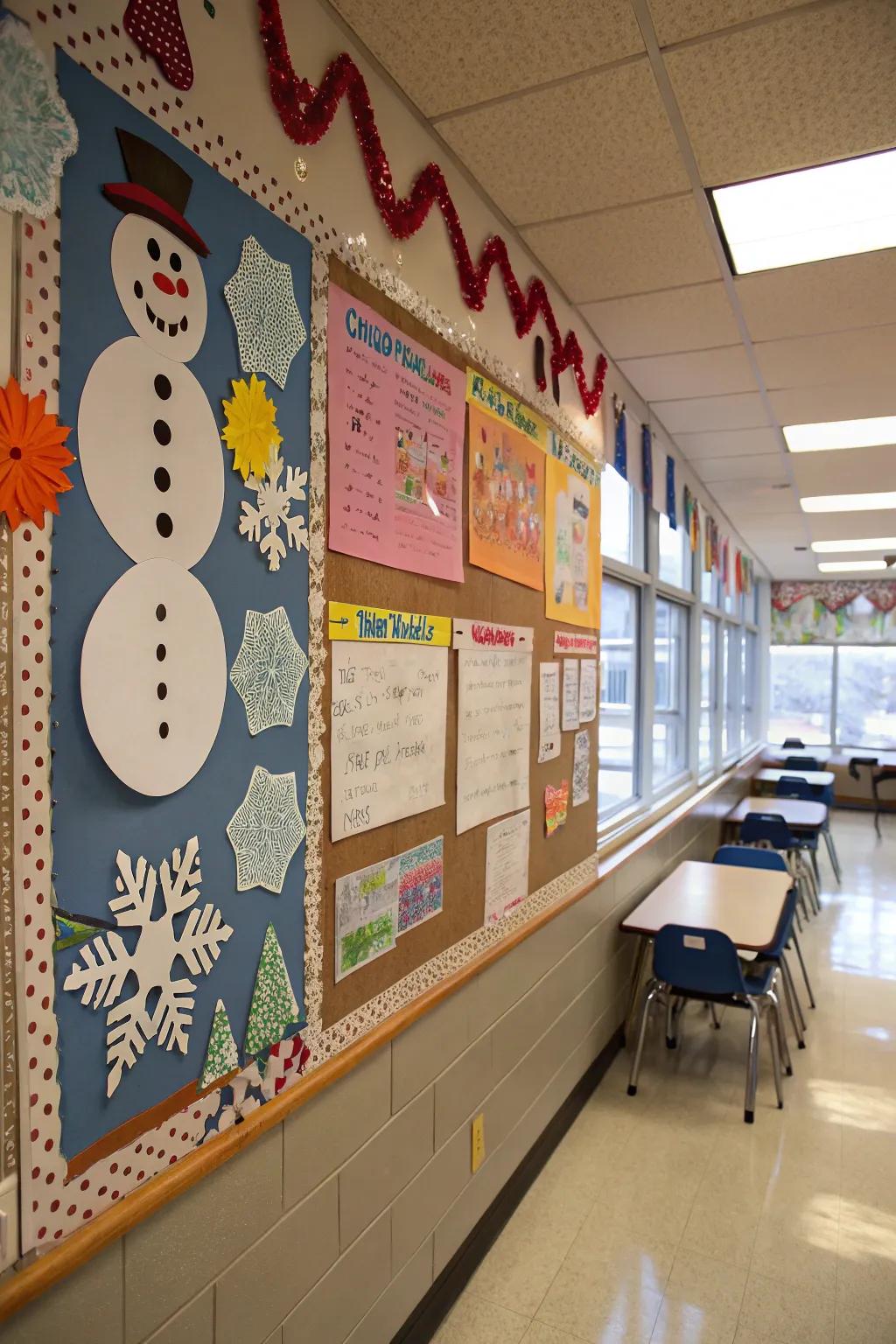 A delightful display of snow folks and snowflakes gives a frosty appeal to the classroom.
