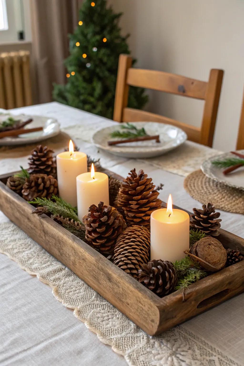 A snug ambiance featuring fir cones and lights.