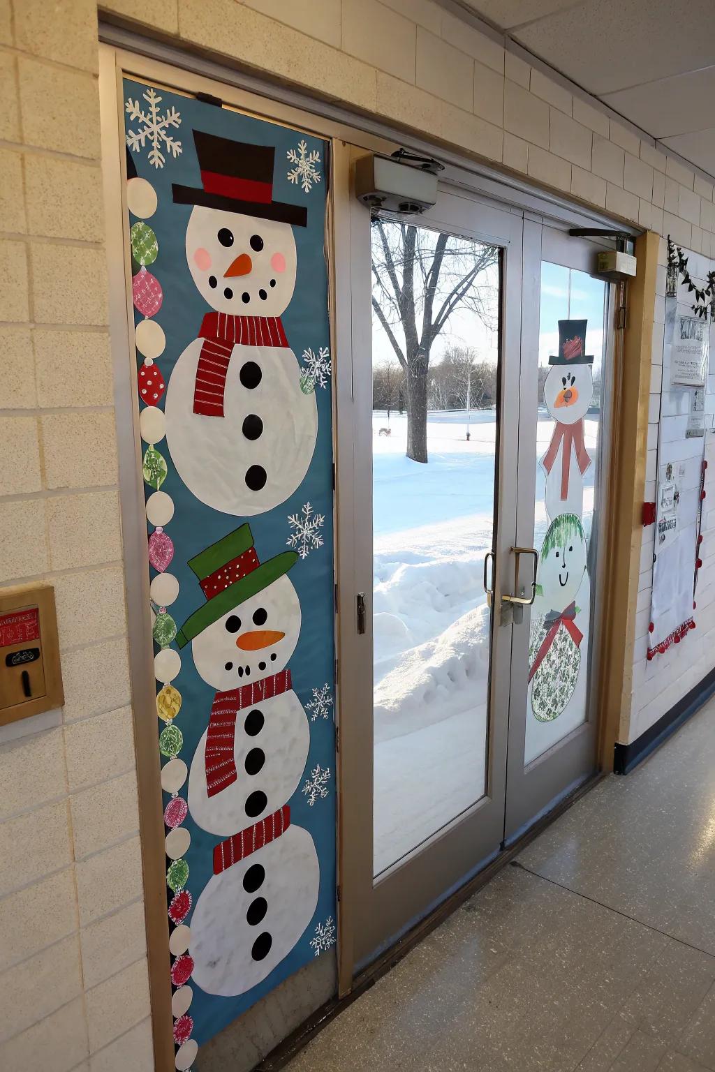 Student-crafted snowmen breathe vitality into this winter door decoration