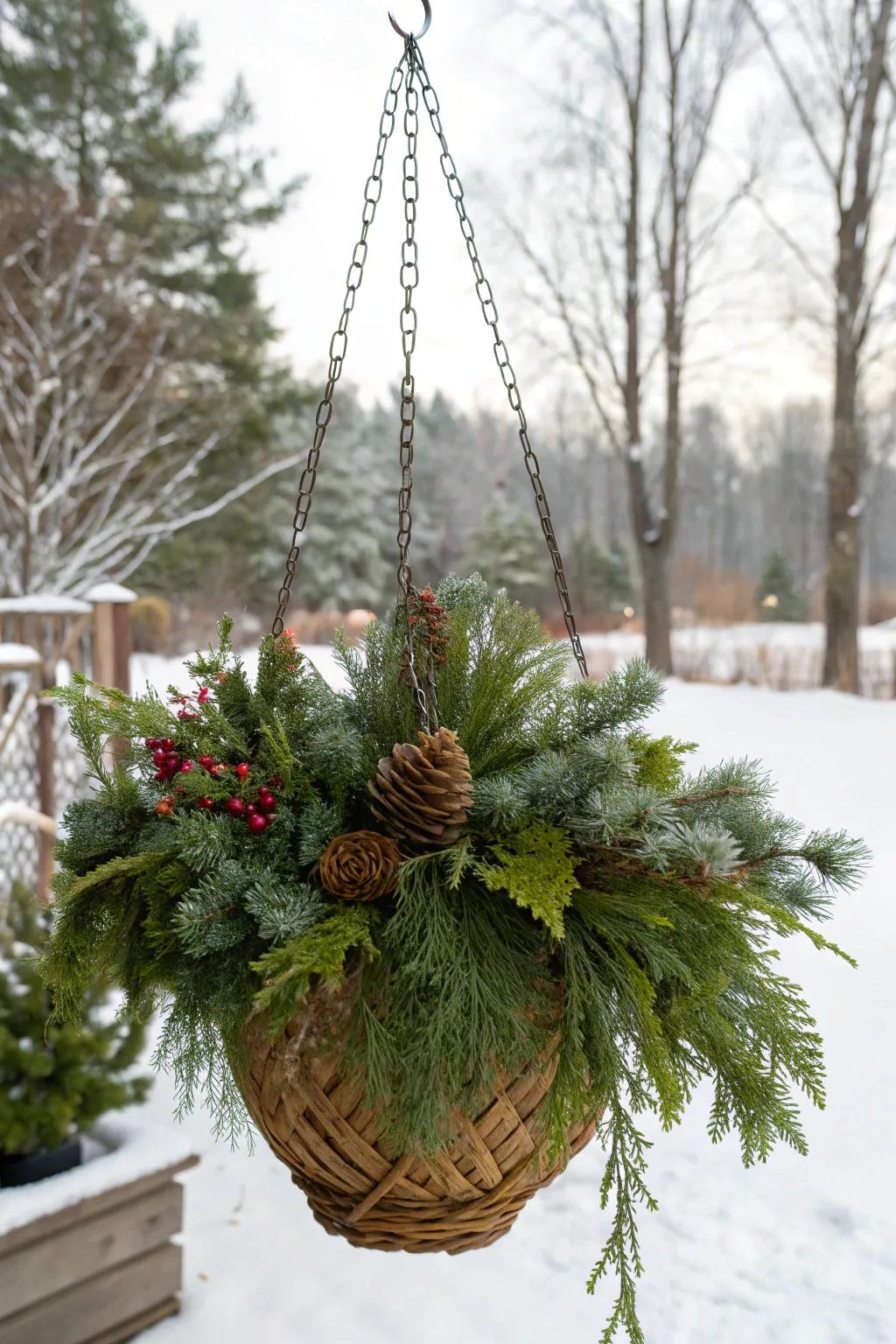 Evergreens bring a timeless charm to winter baskets.