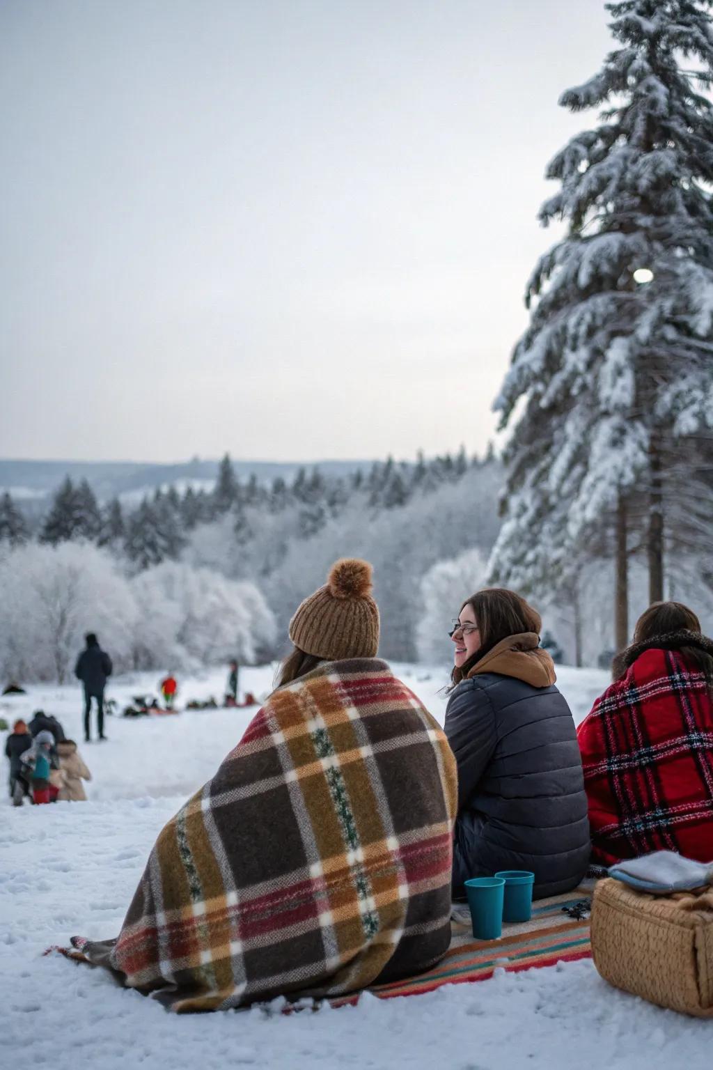 Keep cozy with snug blankets on your winter picnic.