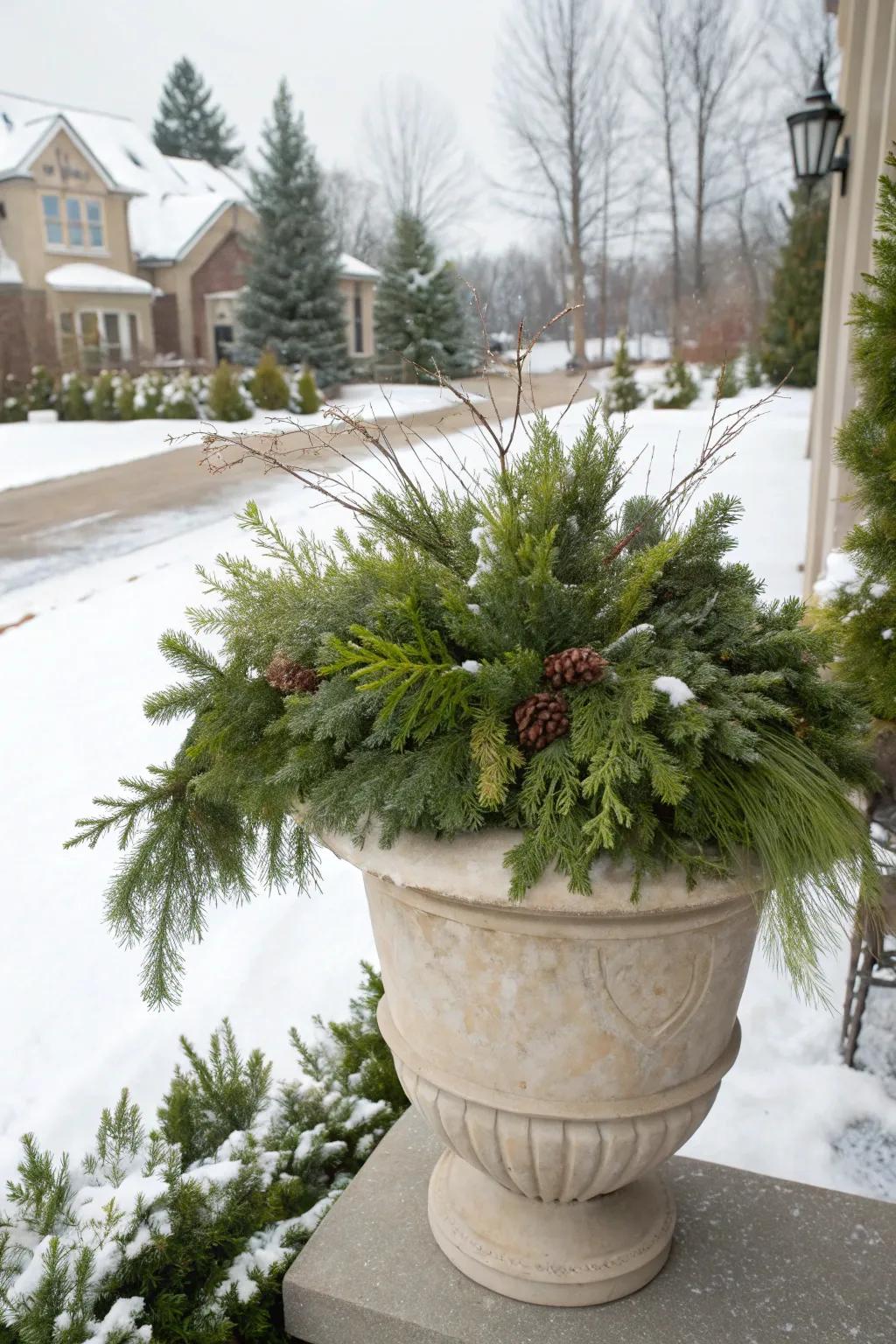 Evergreen foliage provides a lush and inviting base for winter planters.