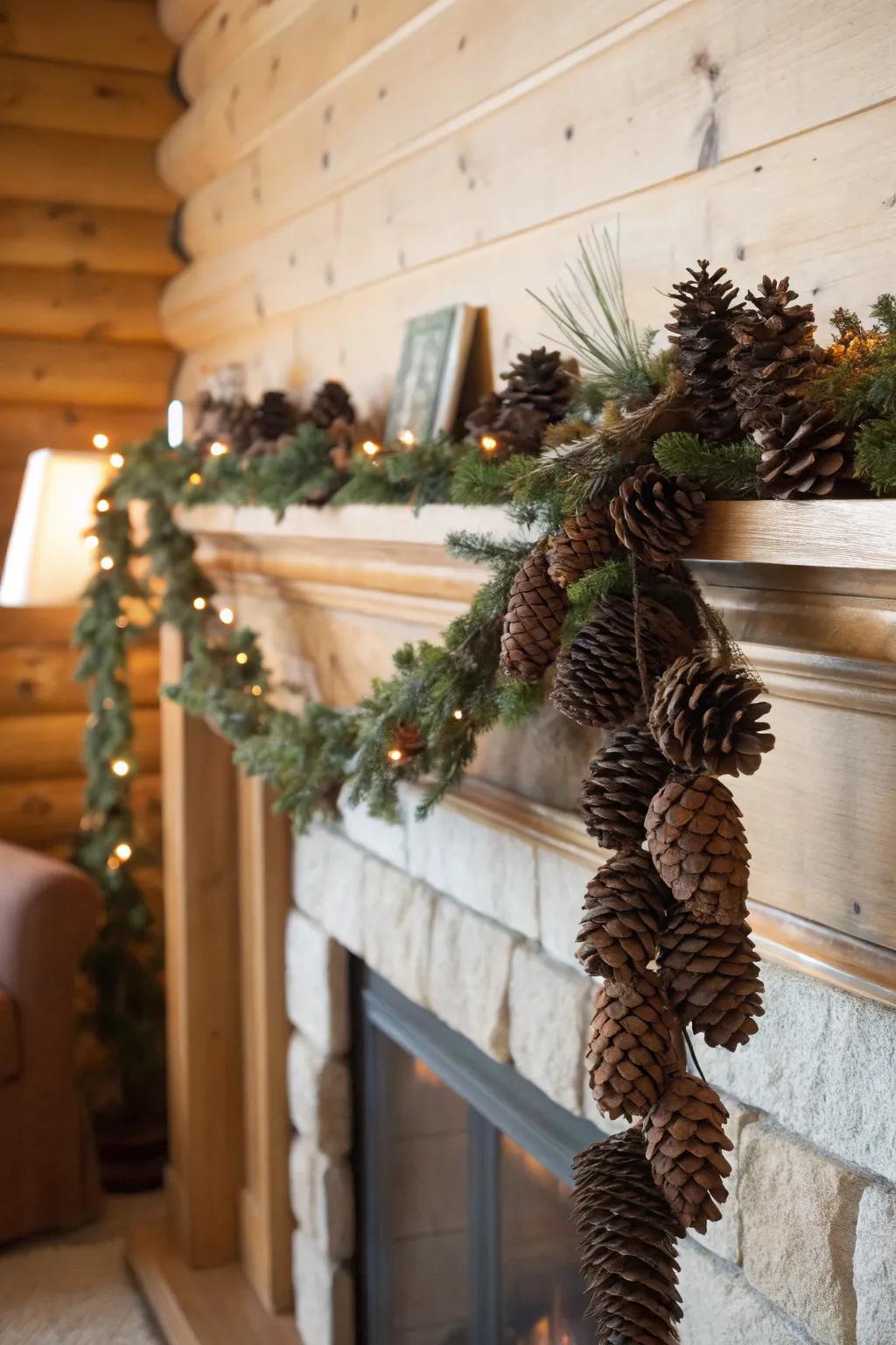 A rustic woodland cone strand elegantly graces a fireplace mantel.