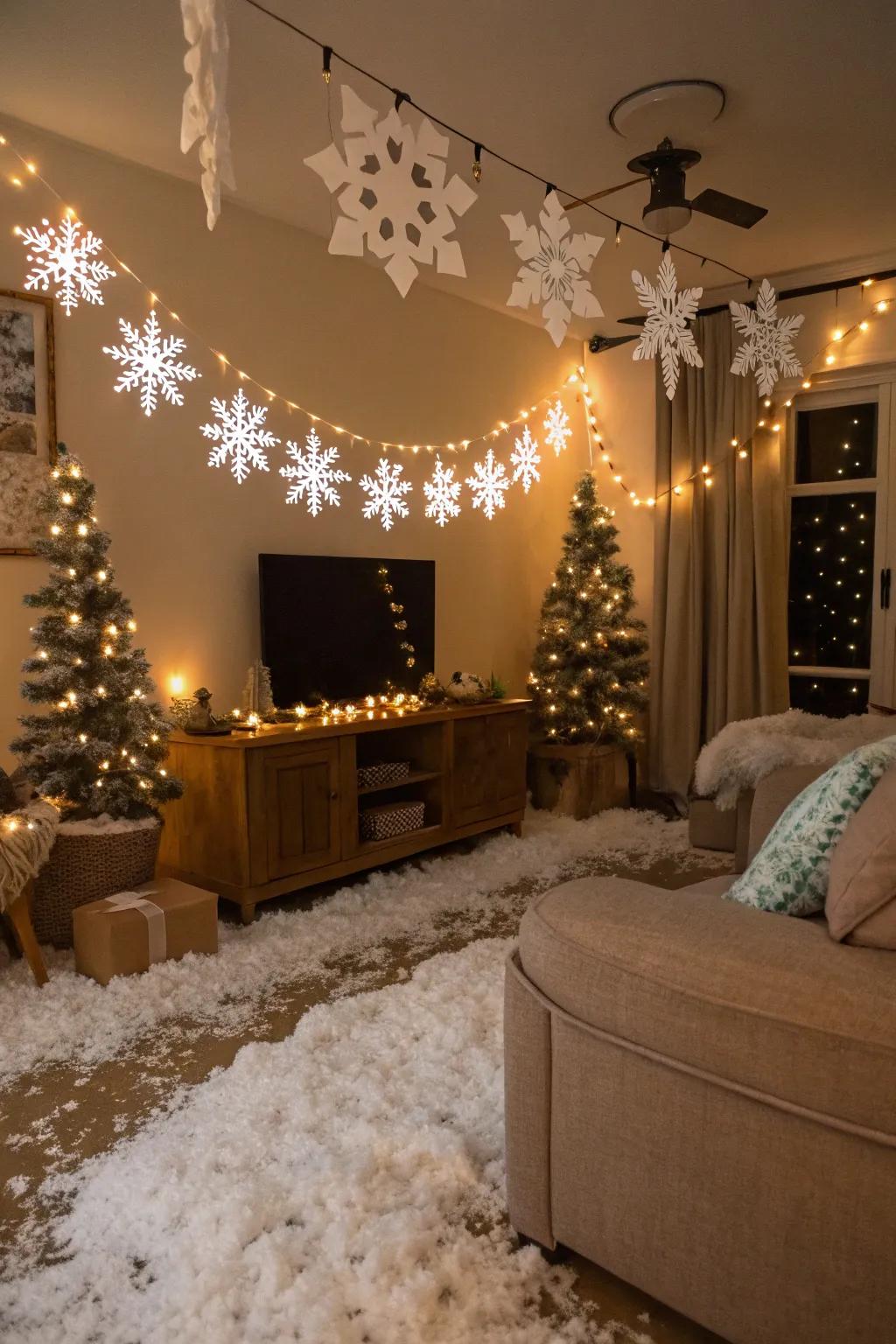 A living room styled as an enchanting Winter Wonderland.