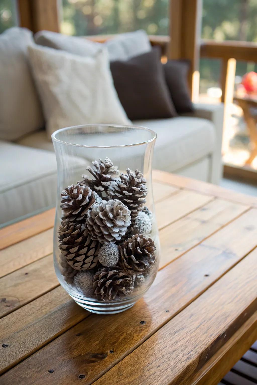 Frosted cones contribute a hint of winter elegance to any space.