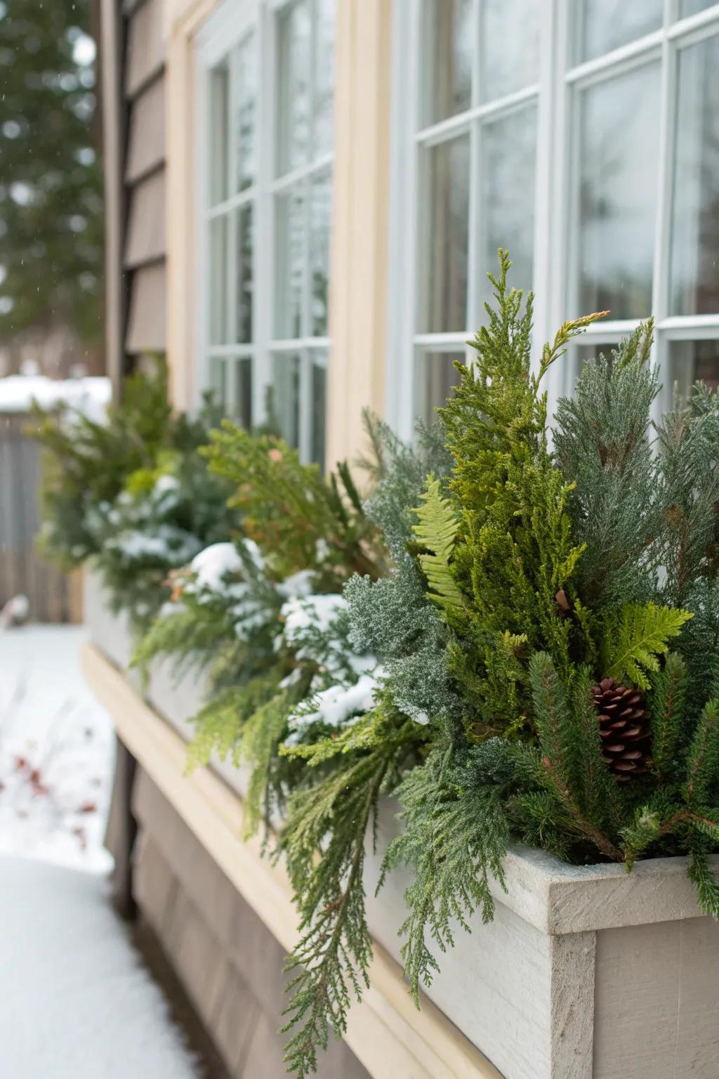 A winter window box bursting with diverse evergreen hues provides a timeless aesthetic.
