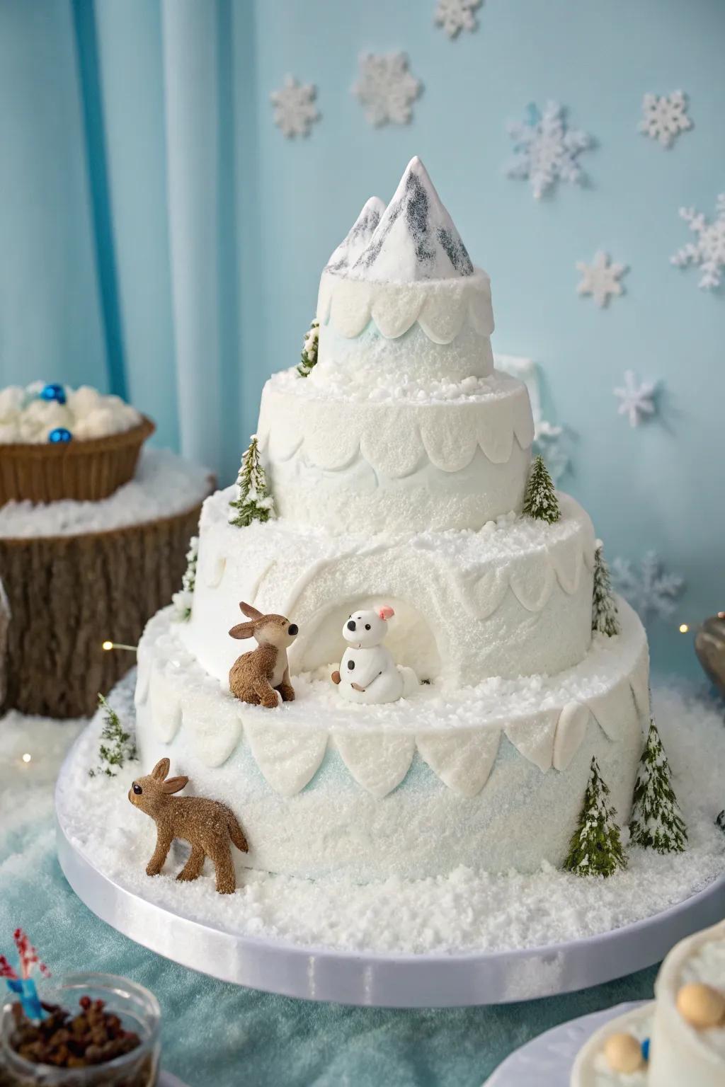 A snow-capped peak cake with charming baby wildlife, ideal for a winter wonderland theme.