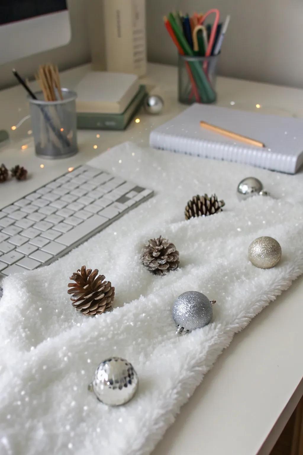 A desk becomes a snowy escape with simple, snow-like decorations.